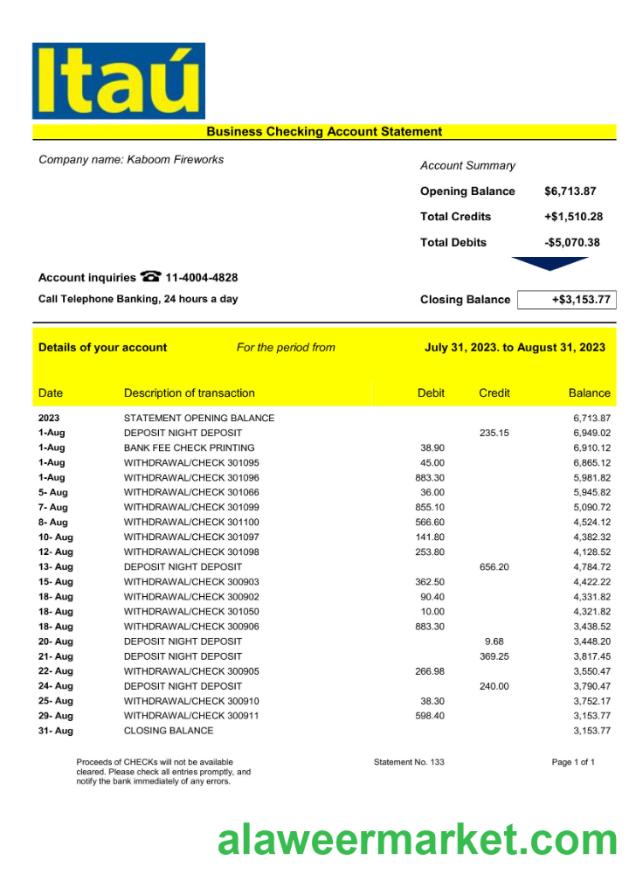 Bank Itau enterprise account statement Word and PDF template
